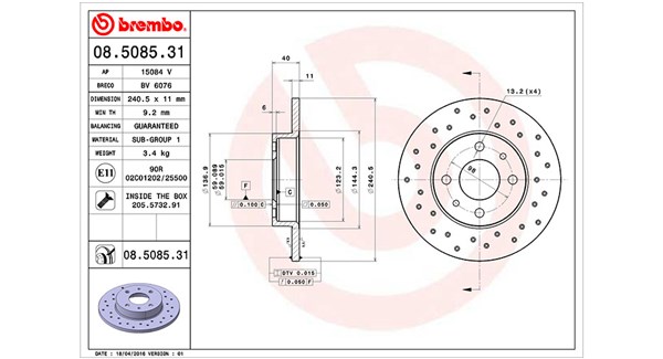 MAGNETI MARELLI Bremseskive 360406126801 perforeret 240mm 11mm for ABARTH