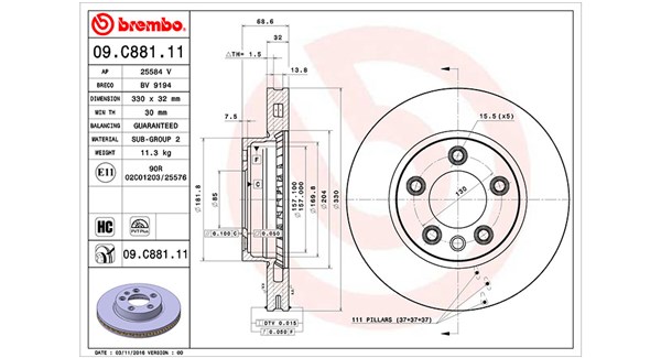 MAGNETI MARELLI Bremseskive 360406128001 ventileret 330mm 32mm for PORSCHE VW