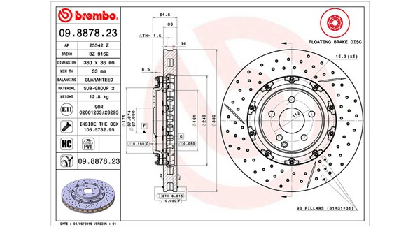 MAGNETI MARELLI Bremseskive 360406128303 Indvendig ventileret- ventilering med dråbeformede blade 380mm 36mm for MERCEDES-BENZ