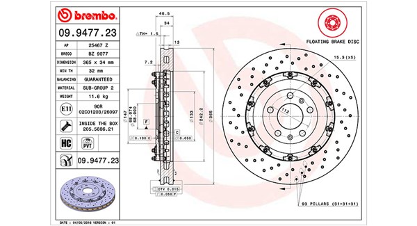 MAGNETI MARELLI Bremseskive 360406128803 perforeret/ventileret 365mm 34mm for AUDI