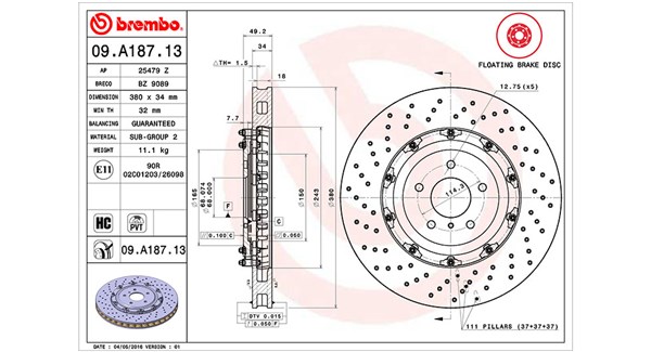 MAGNETI MARELLI Bremseskive 360406129203 perforeret 380mm 34mm for NISSAN