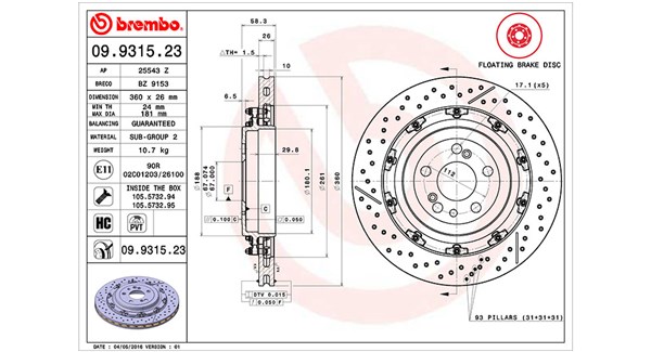 MAGNETI MARELLI Bremseskive 360406128703 Indvendig ventileret- ventilering med dråbeformede blade 360mm 26mm for MERCEDES-BENZ