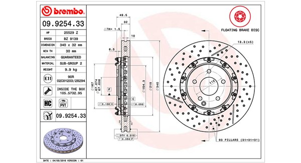MAGNETI MARELLI Bremseskive 360406128503 lukket/perforeret 340mm 32mm for MERCEDES-BENZ