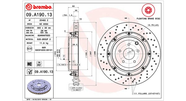 MAGNETI MARELLI Bremseskive 360406129303 perforeret/ventileret 380mm 30mm for NISSAN