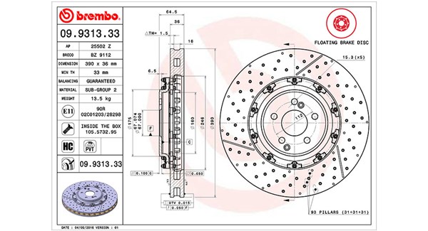 MAGNETI MARELLI Bremseskive 360406128603 lukket/perforeret 390mm 36mm for MERCEDES-BENZ