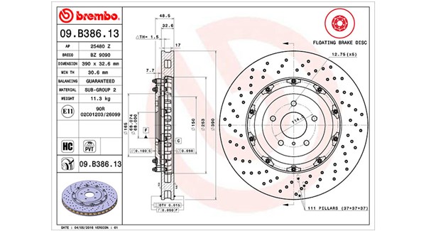 MAGNETI MARELLI Bremseskive 360406129803 perforeret/ventileret 390mm 32,6mm for NISSAN
