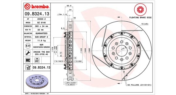 MAGNETI MARELLI Bremseskive 360406129703 lukket 380mm 34mm for ASTON MARTIN