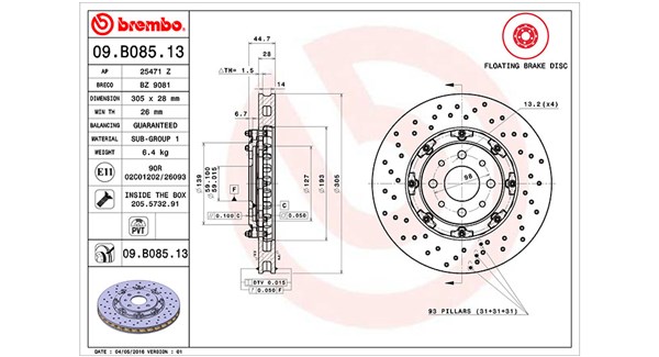 MAGNETI MARELLI Bremseskive 360406129603 305mm 28mm for ABARTH FIAT
