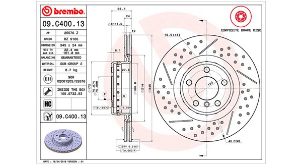 MAGNETI MARELLI Bremseskive 360406130604 lukket/perforeret 345mm 24mm for BMW