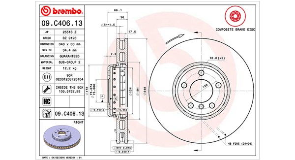 MAGNETI MARELLI Bremseskive 360406131004 ventileret 348mm 36mm for BMW