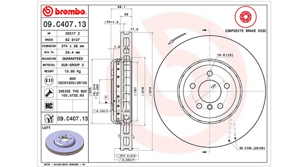 MAGNETI MARELLI Bremseskive 360406131104 ventileret 374mm 36mm for BMW