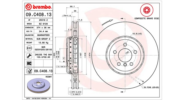 MAGNETI MARELLI Bremseskive 360406131204 ventileret 374mm 36mm for BMW