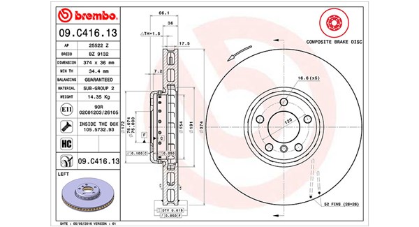MAGNETI MARELLI Bremseskive 360406131904 ventileret 374mm 36mm for BMW