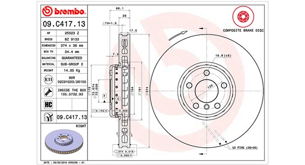MAGNETI MARELLI Bremseskive 360406132004 ventileret 374mm 36mm for BMW