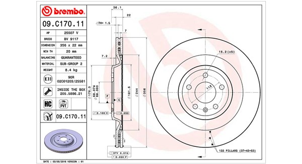 MAGNETI MARELLI Bremseskive 360406132401 ventileret 356mm 22mm for AUDI