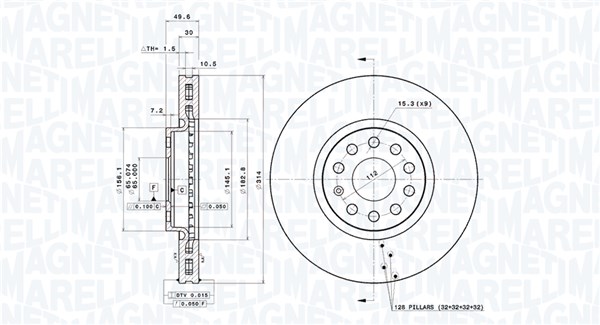 MAGNETI MARELLI Bremseskive 360406148501 Indvendig ventileret- ventilering med dråbeformede blade 314mm 30mm for VW VW (FAW) SKODA (SVW)