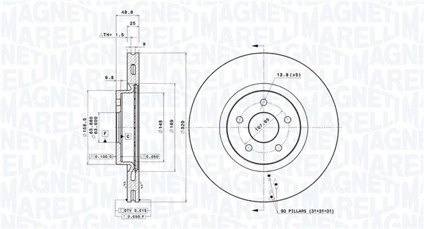 MAGNETI MARELLI Bremseskive 360406156401 Indvendig ventileret- ventilering med dråbeformede blade 320mm 25mm for FORD FORD ASIA & OCEANIA LINCOLN