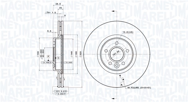 MAGNETI MARELLI Bremseskive 360406156501 Indvendig ventileret- ventilering med dråbeformede blade 320mm 25mm for VOLVO