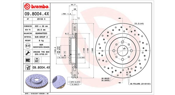 MAGNETI MARELLI Bremseskive 360406134002 Indvendig ventileret- ventilering med dråbeformede blade 305mm 28mm for ALFA ROMEO