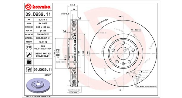 MAGNETI MARELLI Bremseskive 360406169201 360mm 36mm for PORSCHE
