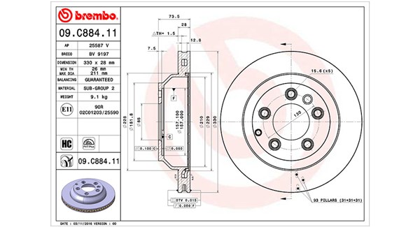MAGNETI MARELLI Bremseskive 360406161301 ventileret 330mm 28mm for VW PORSCHE