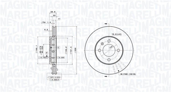 MAGNETI MARELLI Bremseskive 360406180201 ventileret 256mm 22mm for VW