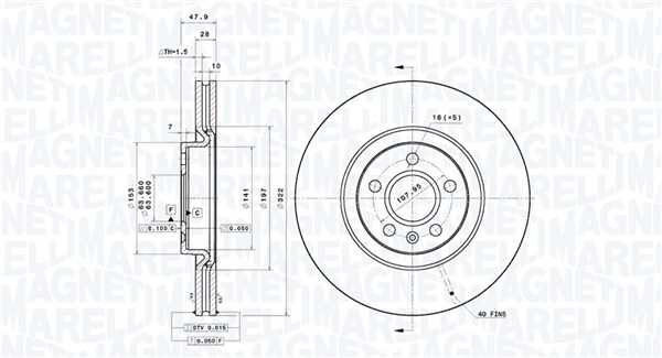 MAGNETI MARELLI Bremseskive 360406180401 ventileret 322mm 28mm for VOLVO