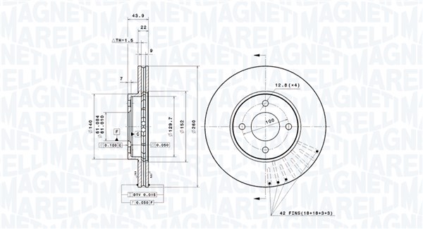 MAGNETI MARELLI Bremseskive 360406180701 ventileret 260mm 22mm for NISSAN