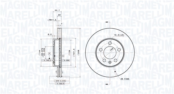 MAGNETI MARELLI Bremseskive 360406181101 ventileret 256mm 22mm for VW