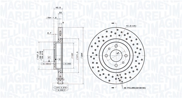 MAGNETI MARELLI Bremseskive 360406181301 perforeret 284mm 22mm for ABARTH FIAT