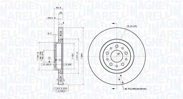 MAGNETI MARELLI Bremseskive 360406181701 ventileret 284mm 22mm for FIAT