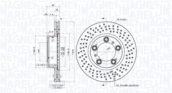 MAGNETI MARELLI Bremseskive 360406182701 ventileret 318mm 28mm for PORSCHE