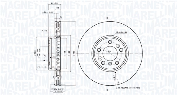 MAGNETI MARELLI Bremseskive 360406184601 ventileret 332mm 30mm for BMW