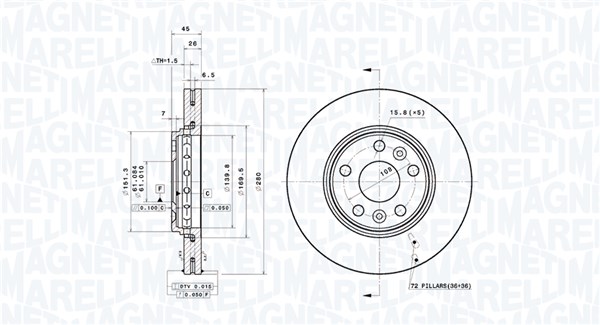 MAGNETI MARELLI Bremseskive 360406185101 ventileret 280mm 26mm for MERCEDES-BENZ RENAULT