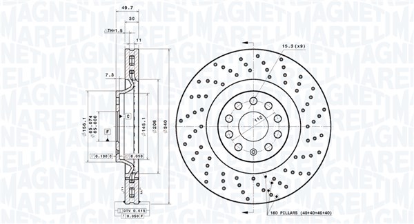 MAGNETI MARELLI Bremseskive 360406185402 ventileret 340mm 30mm for AUDI VW SKODA