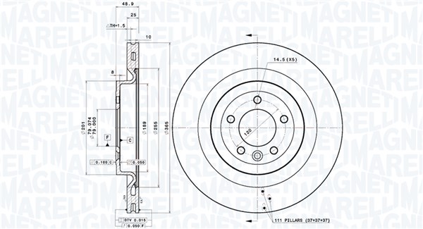 MAGNETI MARELLI Bremseskive 360406186101 ventileret 365mm 25mm for LAND ROVER