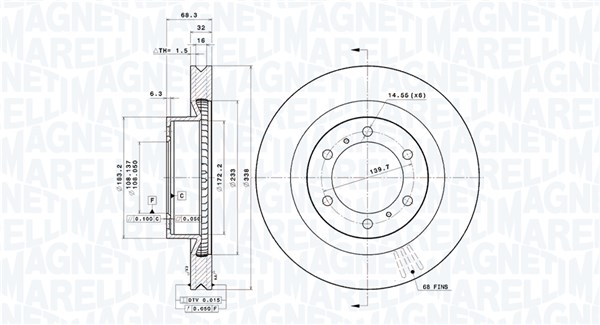 MAGNETI MARELLI Bremseskive 360406187301 ventileret 338mm 32mm for LEXUS