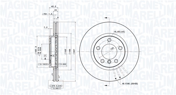 MAGNETI MARELLI Bremseskive 360406188101 ventileret 307mm 24mm for MINI