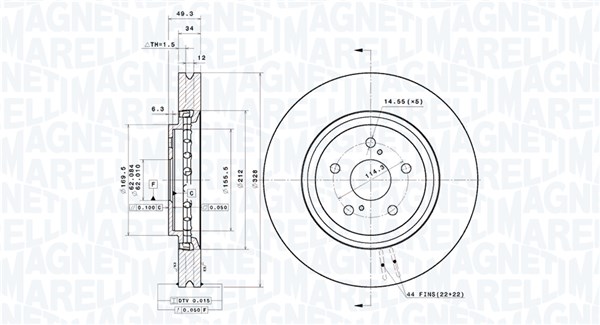 MAGNETI MARELLI Bremseskive 360406188401 ventileret 328mm 34mm for LEXUS