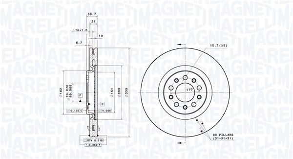 MAGNETI MARELLI Bremseskive 360406189201 perforeret 330mm 28mm for JEEP CHRYSLER