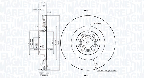 MAGNETI MARELLI Bremseskive 360406188601 ventileret 345mm 30mm for VW
