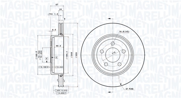 MAGNETI MARELLI Bremseskive 360406189801 ventileret 320mm 22mm for CHRYSLER LANCIA