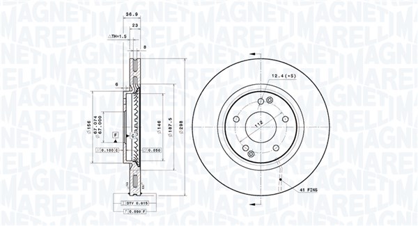 MAGNETI MARELLI Bremseskive 360406189501 ventileret 298mm 23mm for SSANGYONG
