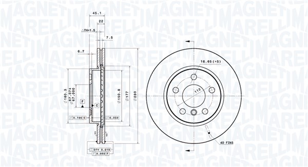 MAGNETI MARELLI Bremseskive 360406180901 ventileret 280mm 22mm for MINI