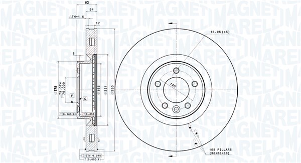MAGNETI MARELLI Bremseskive 360406184301 ventileret 380mm 34mm for LAND ROVER