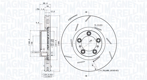 MAGNETI MARELLI Bremseskive 360406163001 ventileret 360mm 36mm for PORSCHE