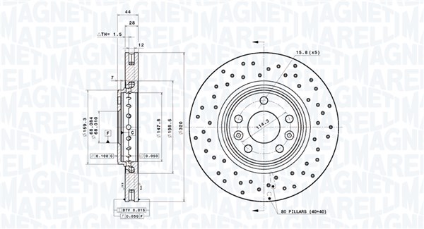 MAGNETI MARELLI Bremseskive 360406217602 perforeret 320mm 28mm for RENAULT