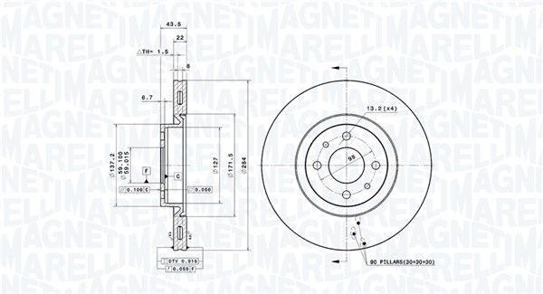 MAGNETI MARELLI Bremseskive 360406211201 ventileret 284mm 22mm for PEUGEOT CITROËN LANCIA FIAT ABARTH ALFA ROMEO