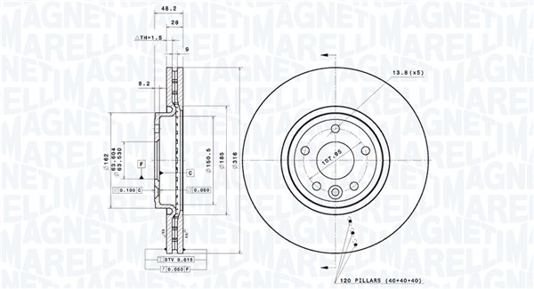 MAGNETI MARELLI Bremseskive 360406217401 indvendig ventileret 316mm 28mm for JAGUAR