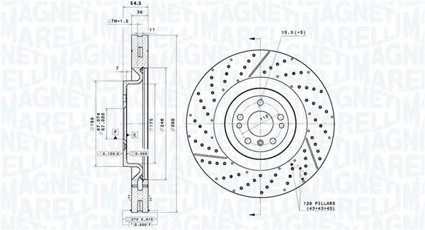 MAGNETI MARELLI Bremseskive 360406220501 lukket/perforeret 390mm 36mm for MERCEDES-BENZ